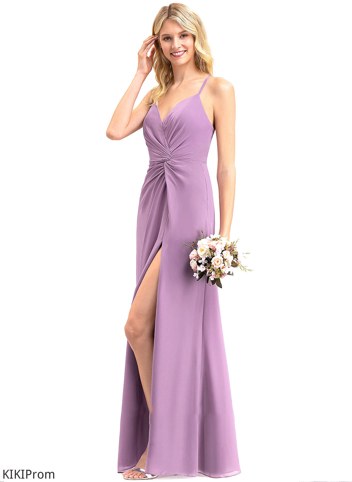 V-neck Floor-Length SplitFront Embellishment Length Ruffle Silhouette Neckline A-Line Fabric Maliyah Bridesmaid Dresses
