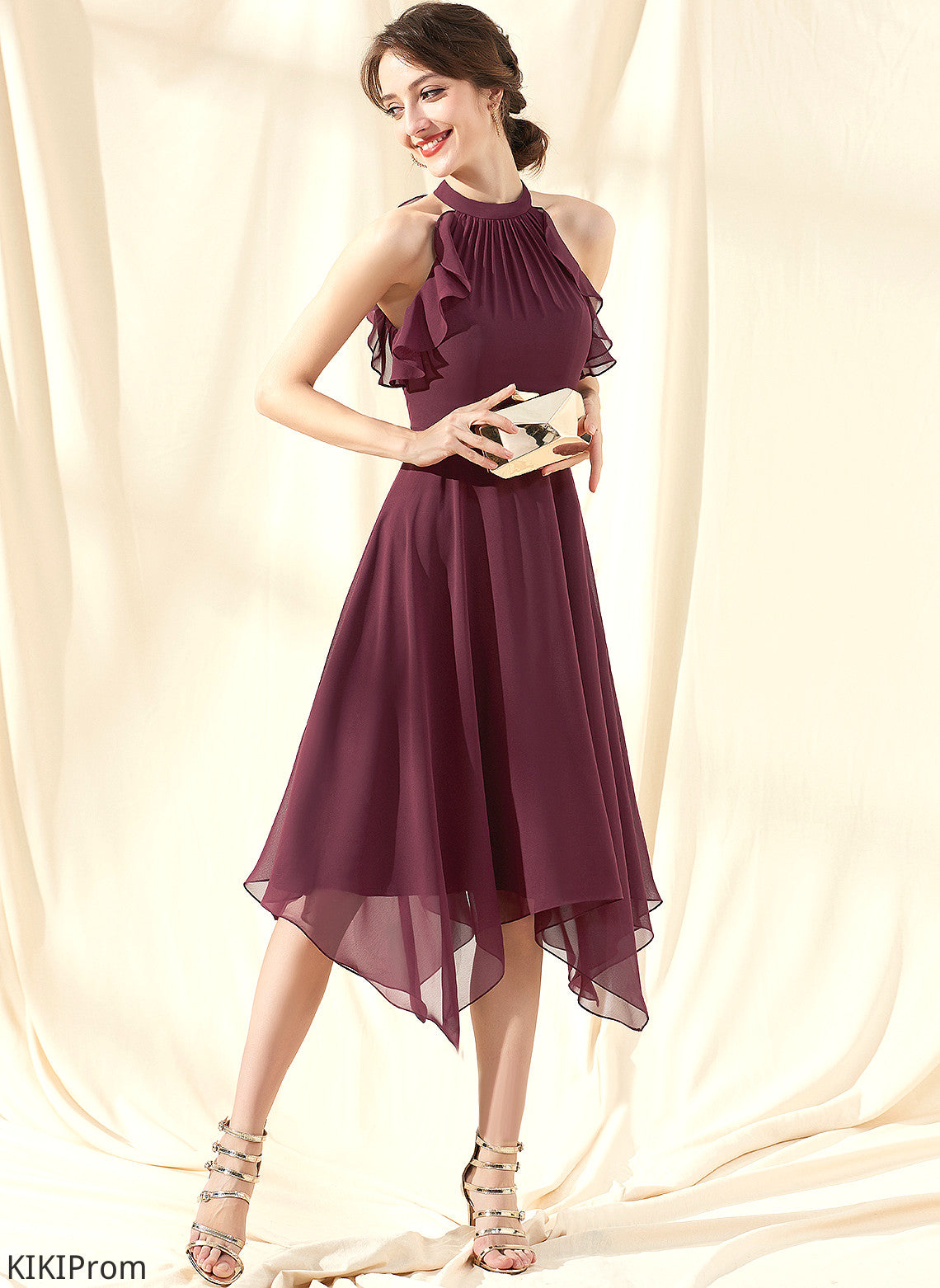 Halle A-Line Neck Dress Cocktail Cocktail Dresses Cascading Tea-Length With Ruffles Chiffon Scoop