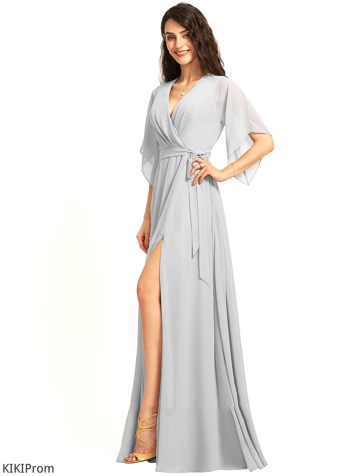 Neckline Ruffle A-Line Fabric SplitFront Floor-Length V-neck Length Silhouette Embellishment Belinda Floor Length Bridesmaid Dresses