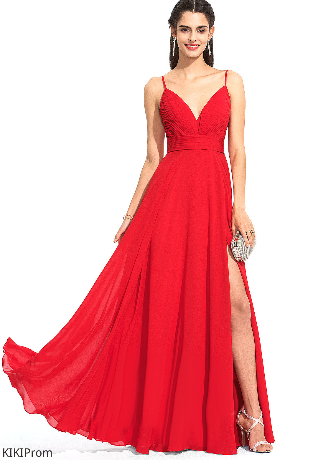 V-neck Chiffon A-Line With Desirae Floor-Length Ruffle Prom Dresses