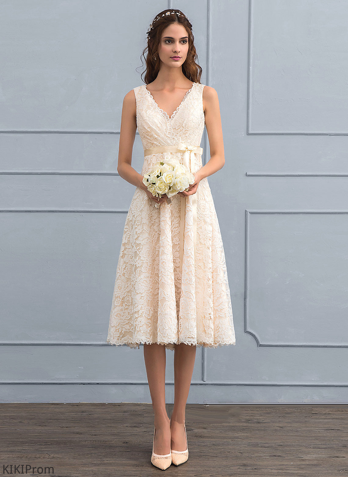 V-neck Knee-Length A-Line Bow(s) Wedding With Dress Lace Jean Wedding Dresses