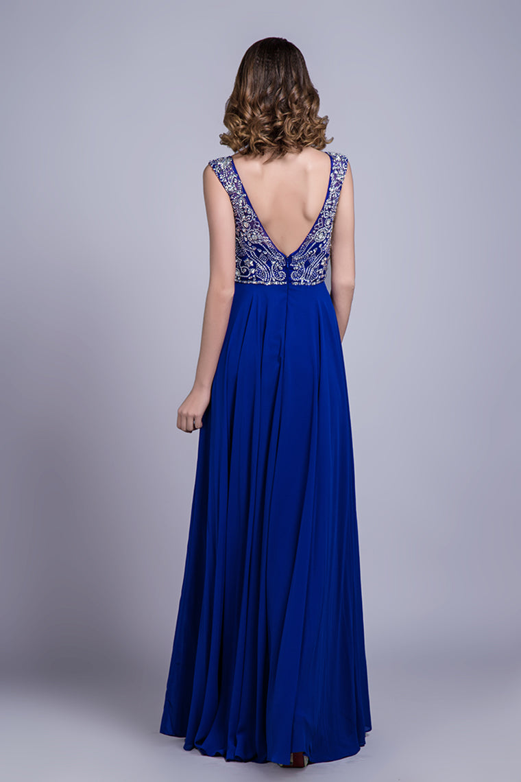 2022 Hot Selling Prom Dresses Dark Royal Blue A-Line Scoop Floor-Length Chiffon