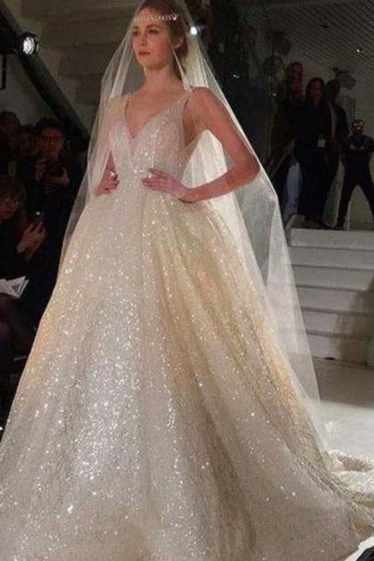 Pretty Long Ivory Sequin Shiny Lace Long Prom Dresses Wedding Dresses