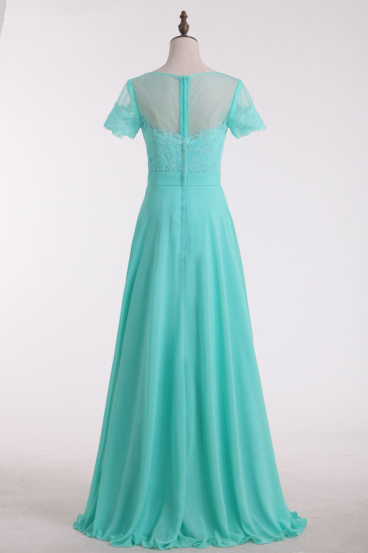 2024 Bridesmaid Dresses Scoop Short Sleeve Chiffon & Lace Floor Length