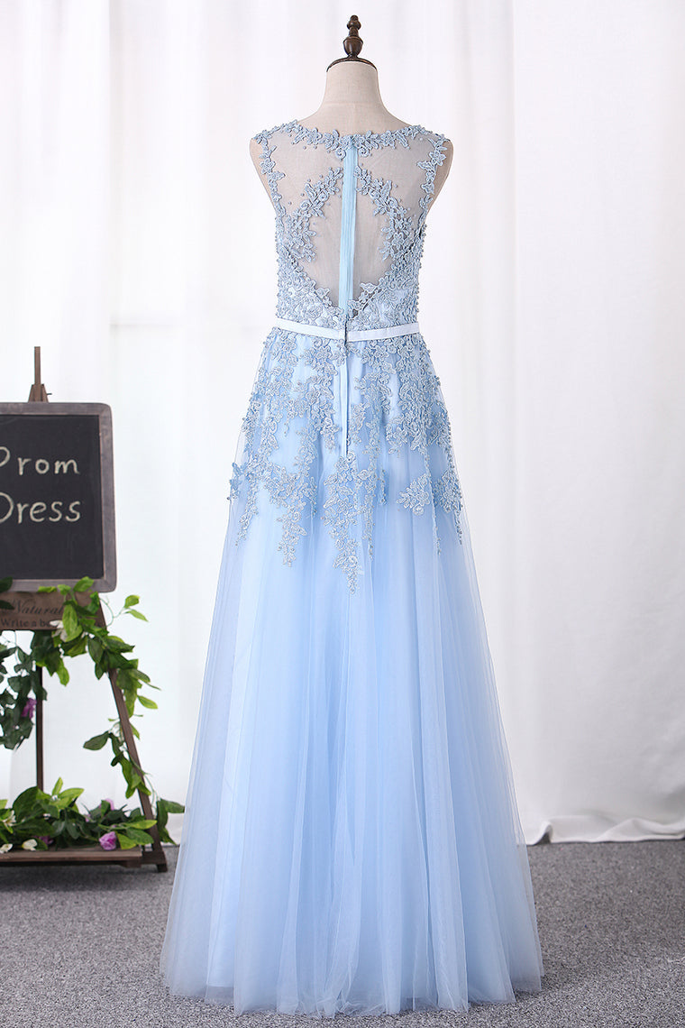 2024 A Line Prom Dresses Scoop Tulle With Applique Floor Length