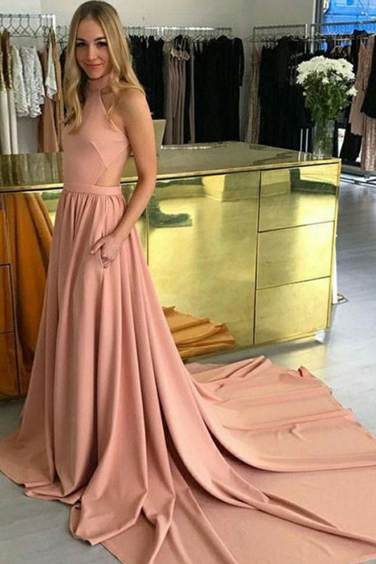 Modest Pink Long Open Back Simple Cheap Elegant Prom Dresses Evening Dresses