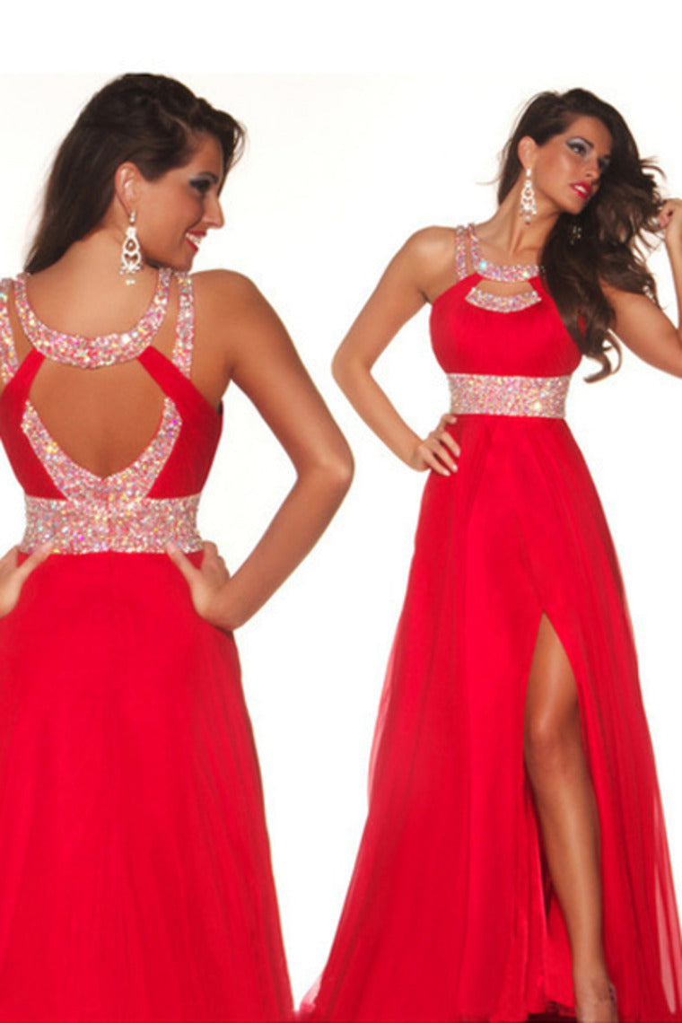 2022 Sexy Prom Dresses A Line Scoop Sweep/Brush Red  Open Back