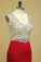 2022 Red V Neck Beaded Bodice Open Back Prom Dresses Column Spandex Sweep Train Plus Size