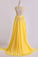 2022 Enchanted Bateau A-Line Court Train Prom Dresses With Applique & Bow-Knot Daffodil