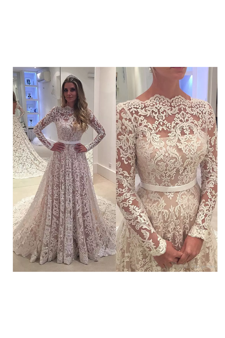 2024 Soft Lace Prom Dresses A-Line Long Sleeves High Neck