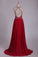 2022 Halter A Line Prom Dresses Beaded Bodice Sweep Train Chiffon & Tulle Open Back