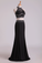 2022 Black Halter Two-Piece Beaded Bodice Mermaid Open Back Prom Dresses Spandex & Tulle Floor Length