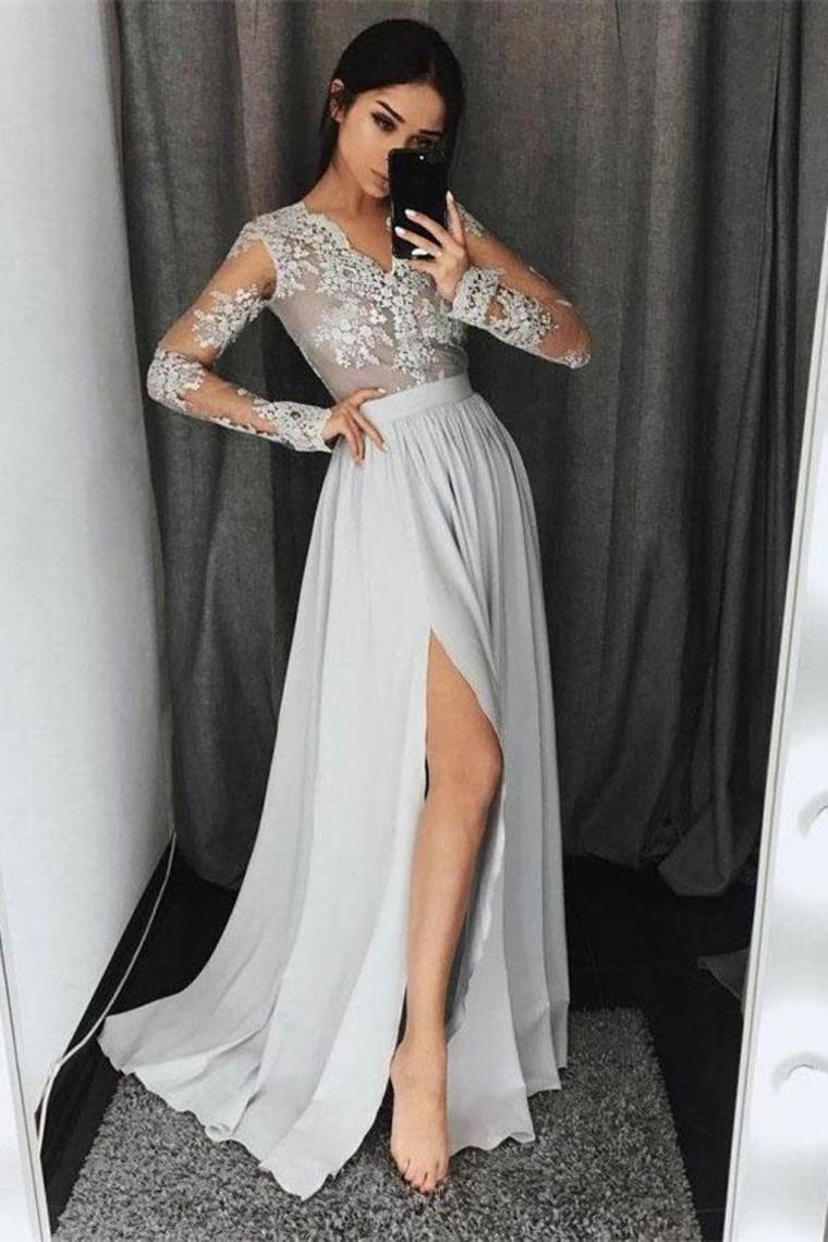 Beautiful Silver Chiffon Lace V-Neck Simple Cheap Elegant Prom Dresses With Sleeves