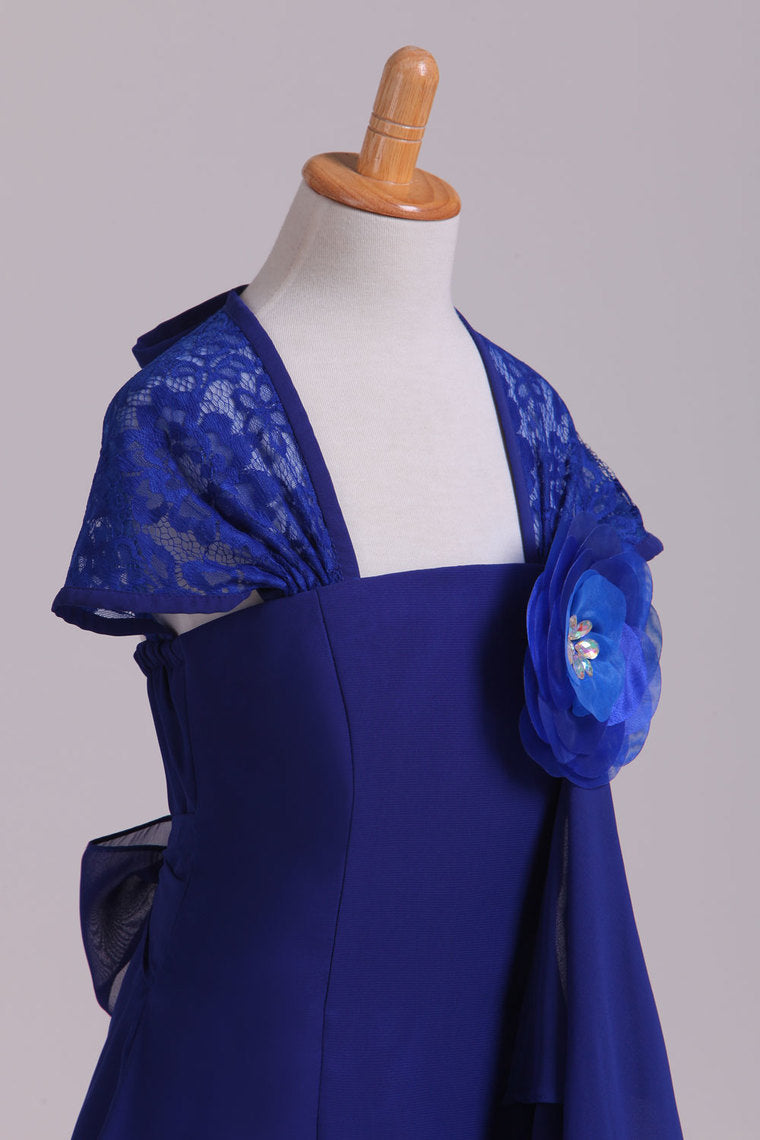 2024 Eyelid Lace Back Flower Girl Dress A Line Chiffon & Lace With Flower Dark Royal Blue