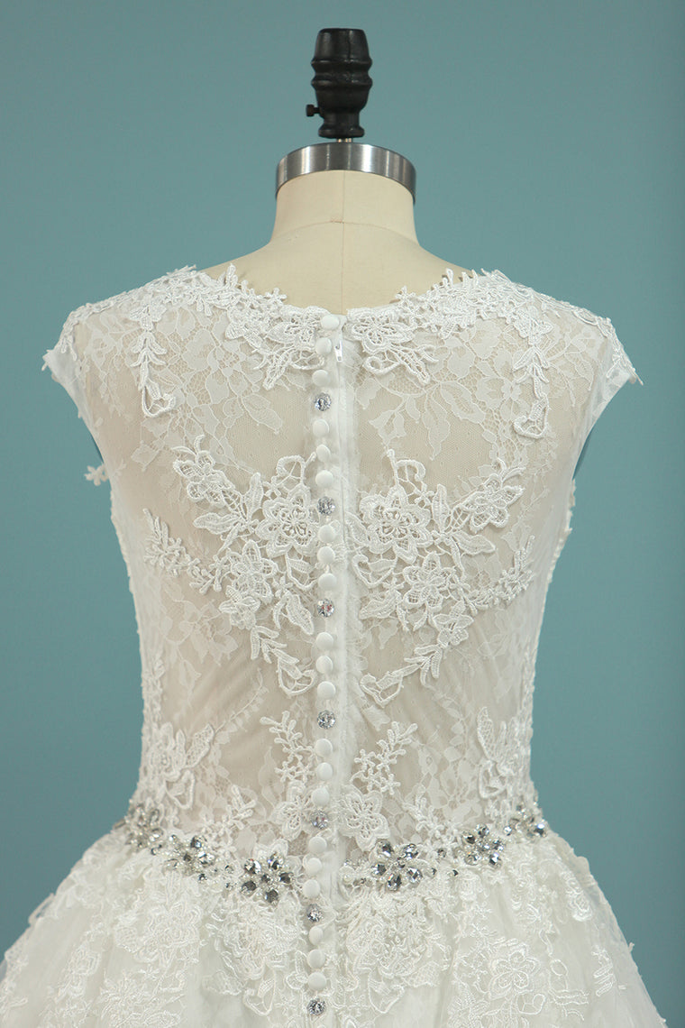 2024 V Neck A Line Beaded Waistline Wedding Dresses Lace With Applique