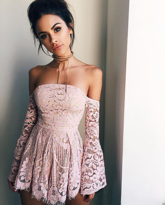 A-Line Off-The-Shoulder Long Sleeves Kim Cocktail Homecoming Dresses Lace Short Blush 2024