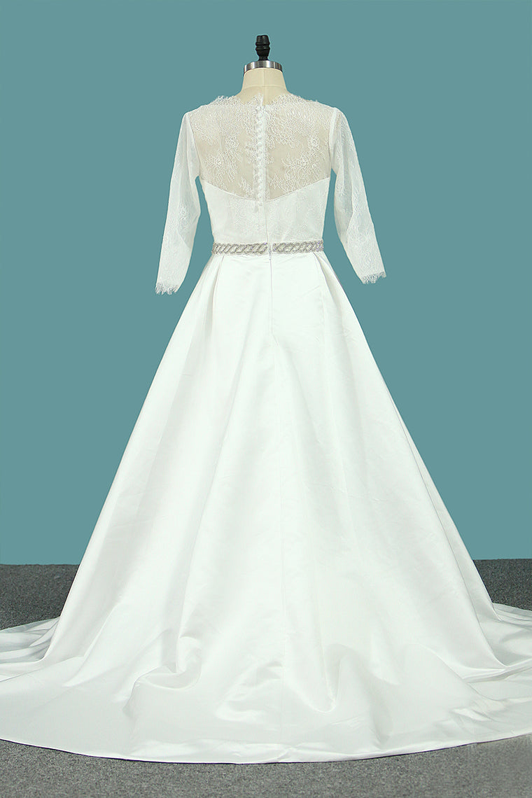 2024 Bateau Mermaid 3/4 Length Sleeves Satin Wedding Dresses Court Train Detachable