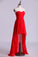 2022 Red High Low Sweetheart A Line Pleated Bodice Flowing Chiffon Skirt