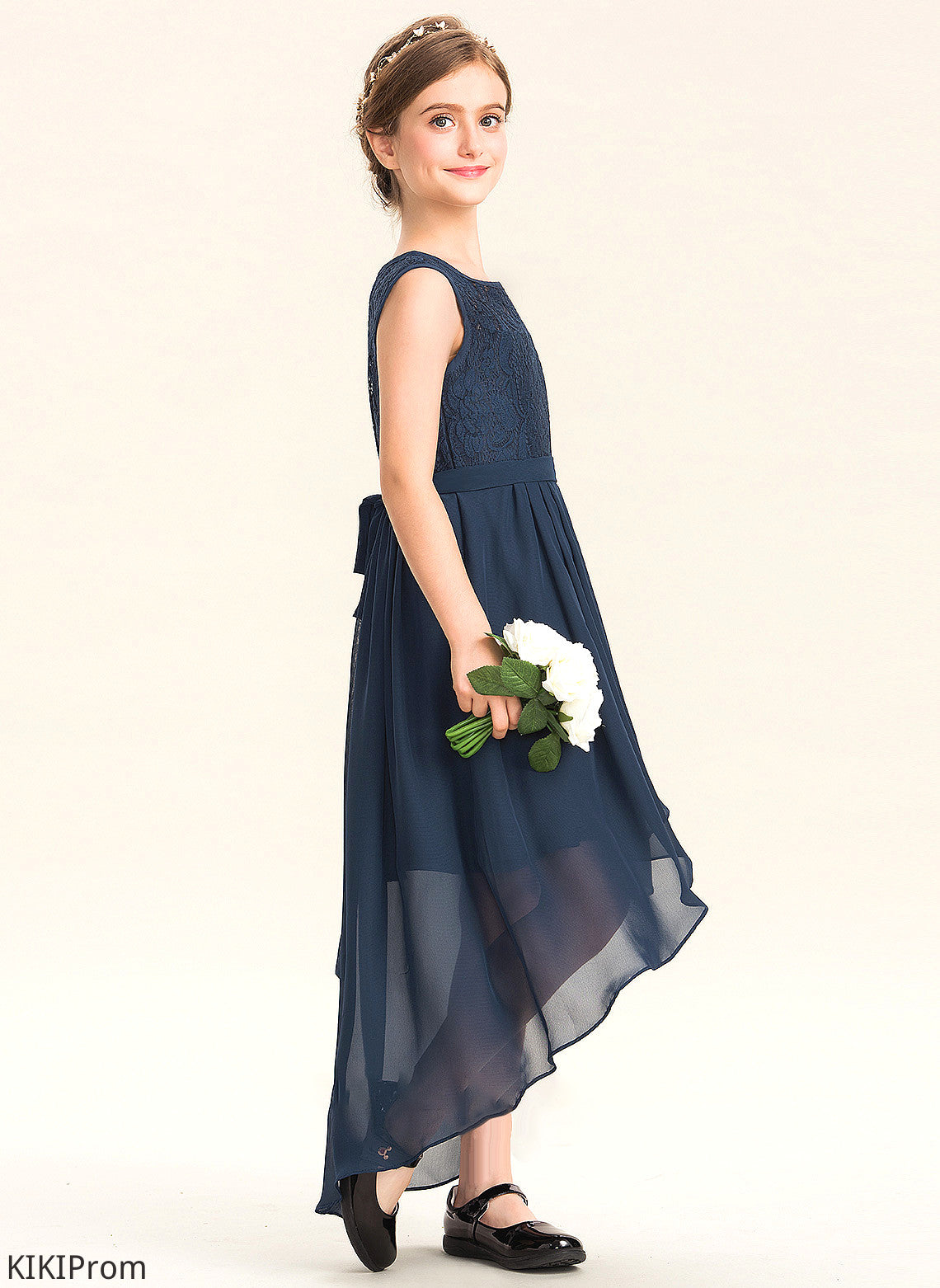 Asymmetrical Chiffon Beryl Scoop Neck Bow(s) Ruffles Junior Bridesmaid Dresses With Cascading Lace A-Line