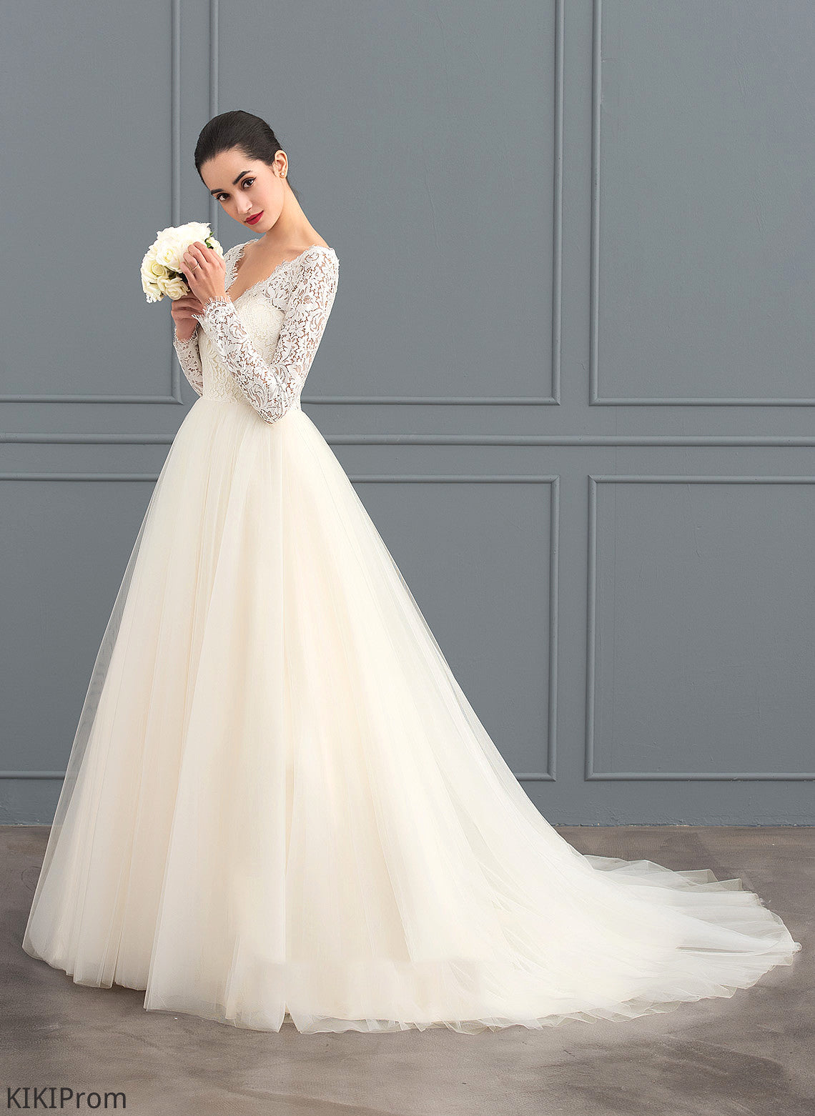 Tulle Rosa Wedding Dresses V-neck Train Lace Dress Court Ball-Gown/Princess Wedding