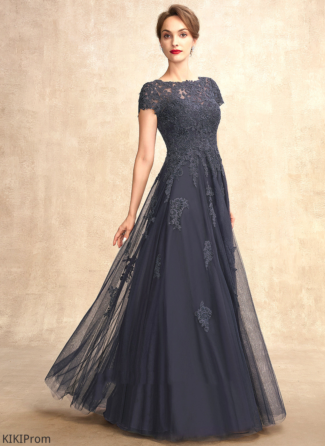 Mother Beading A-Line of Mother of the Bride Dresses Scoop Floor-Length Lace the With Dress Tulle Neck Amber Bride