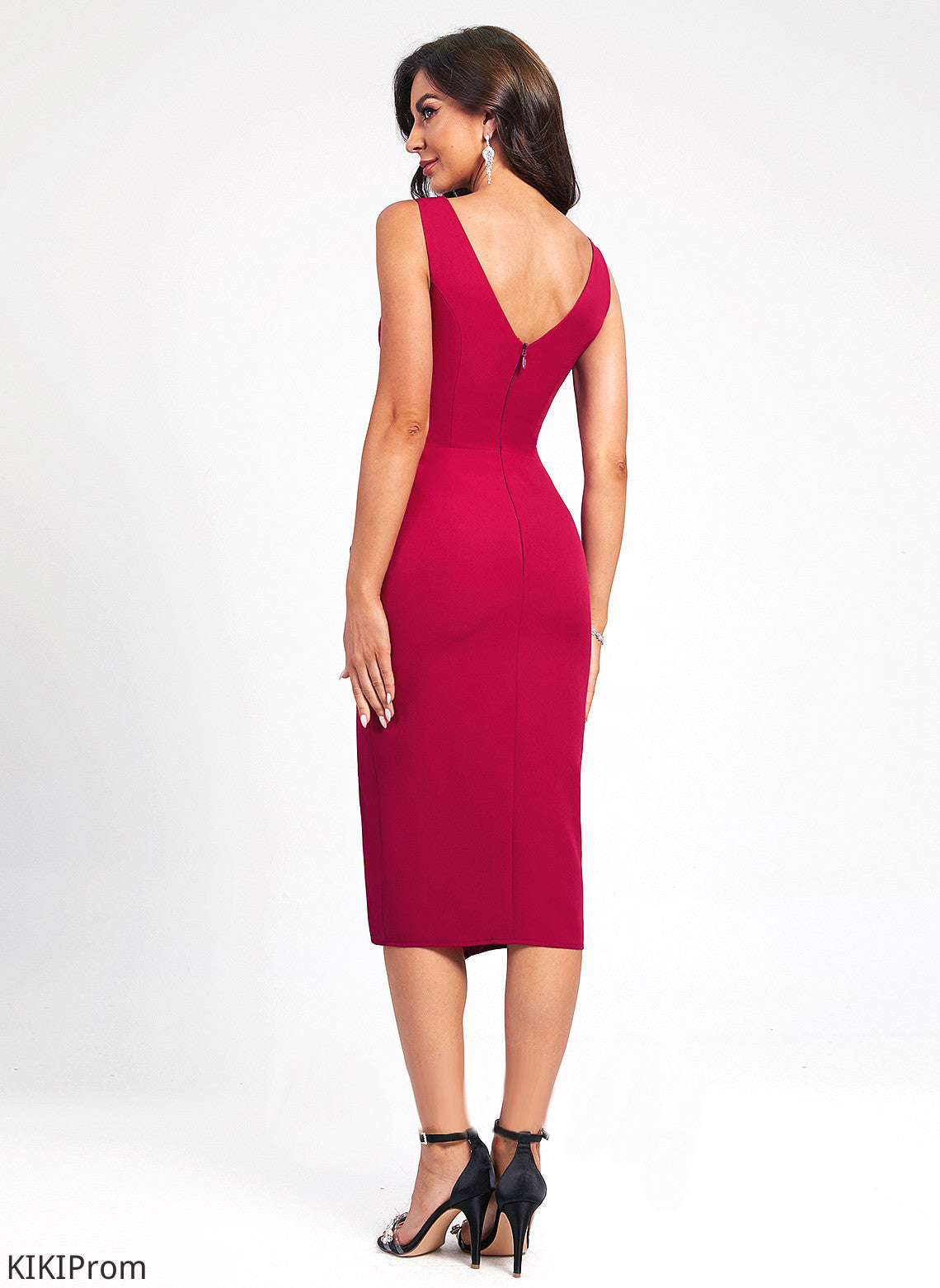 Stretch Bodycon Dress Ruffle Front Crepe Split Club Dresses Cocktail With Knee-Length Ayanna V-neck