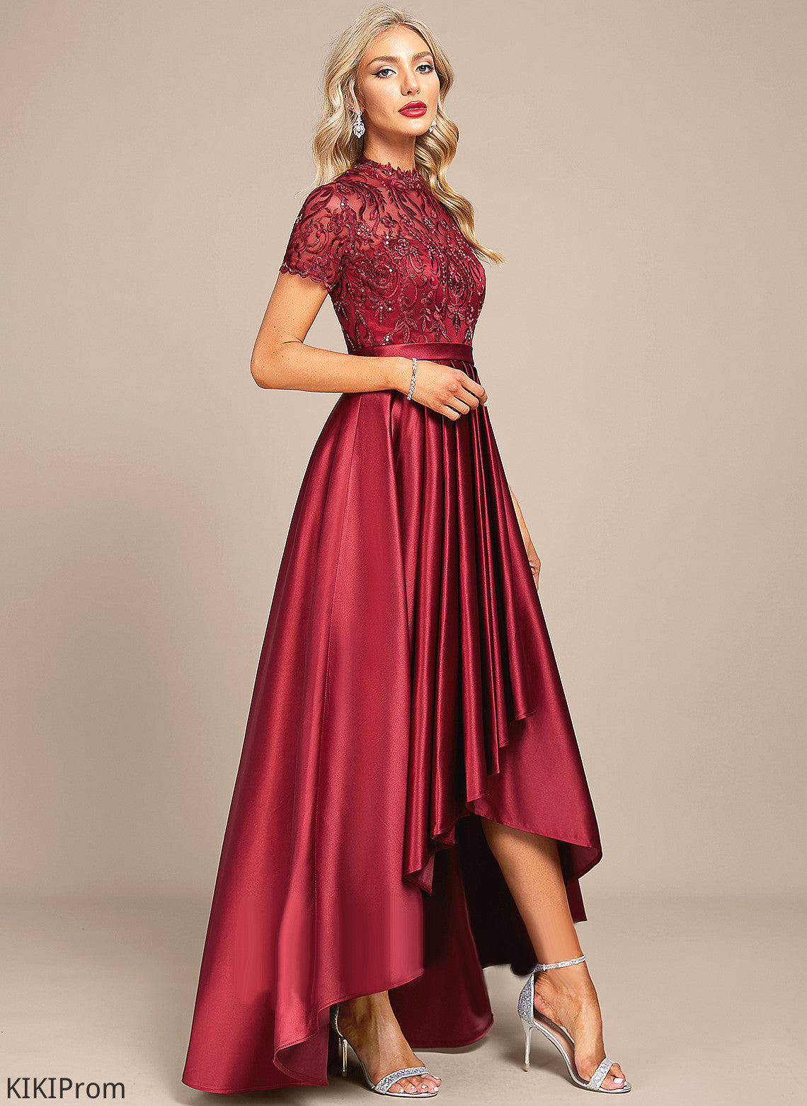 Satin A-Line Lace Cocktail Dresses Dress With Cocktail Sequins Ruffle Asymmetrical Maeve High Neck