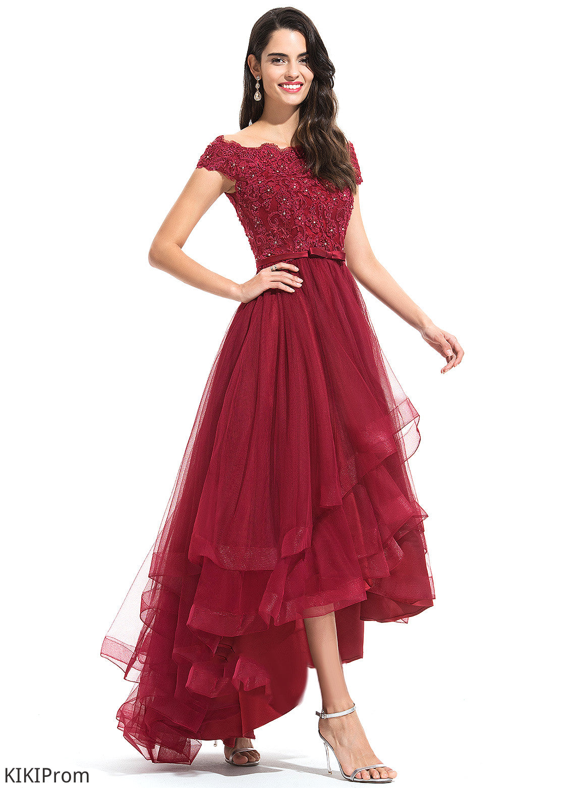 Dress Tulle Bow(s) Homecoming Dresses Homecoming A-Line Neveah Asymmetrical Off-the-Shoulder Beading With Lace