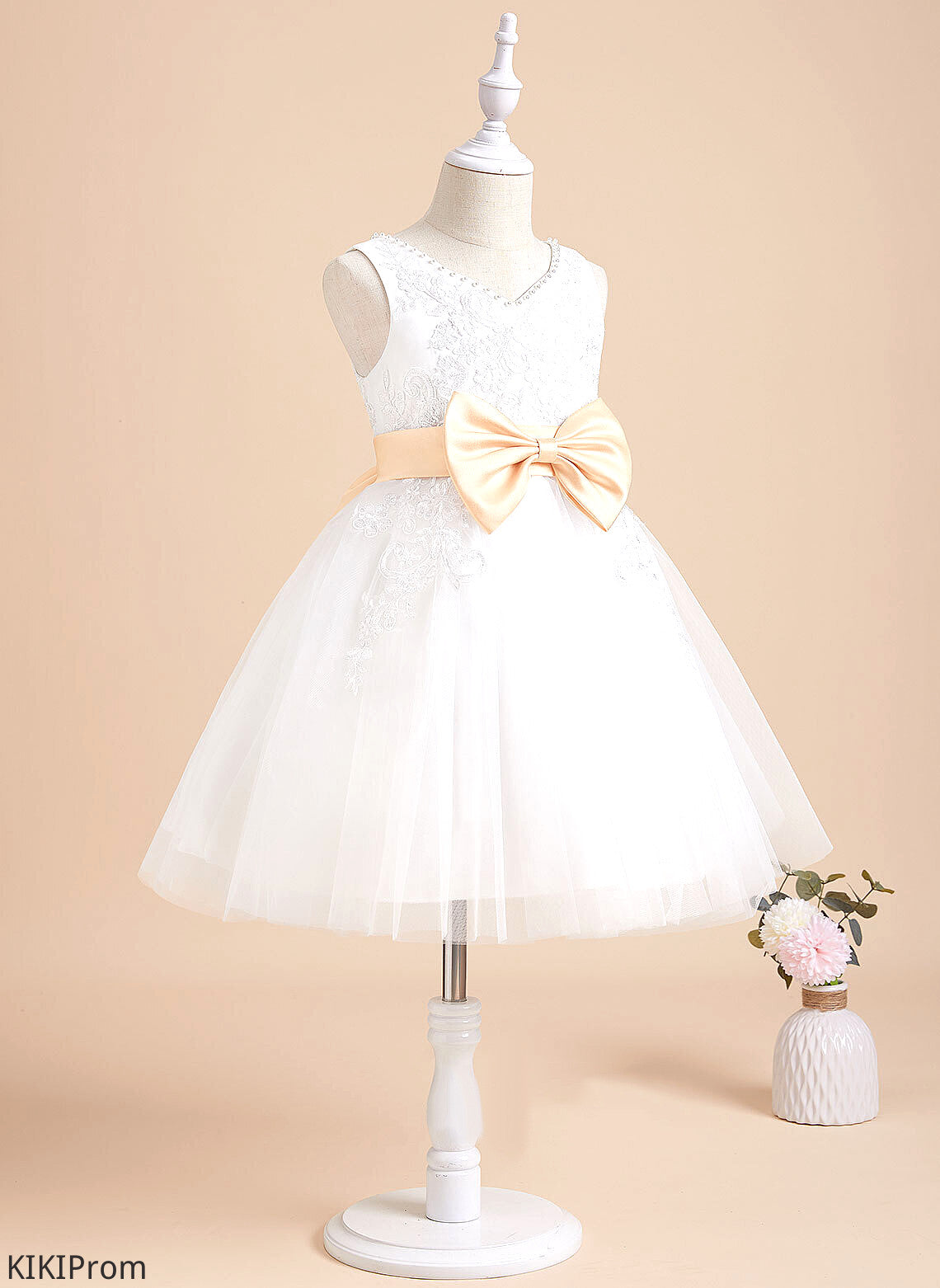 Sash/Beading/Bow(s) - Dress Knee-length Tulle/Lace Julie Girl A-Line V-neck Flower Sleeveless Flower Girl Dresses With