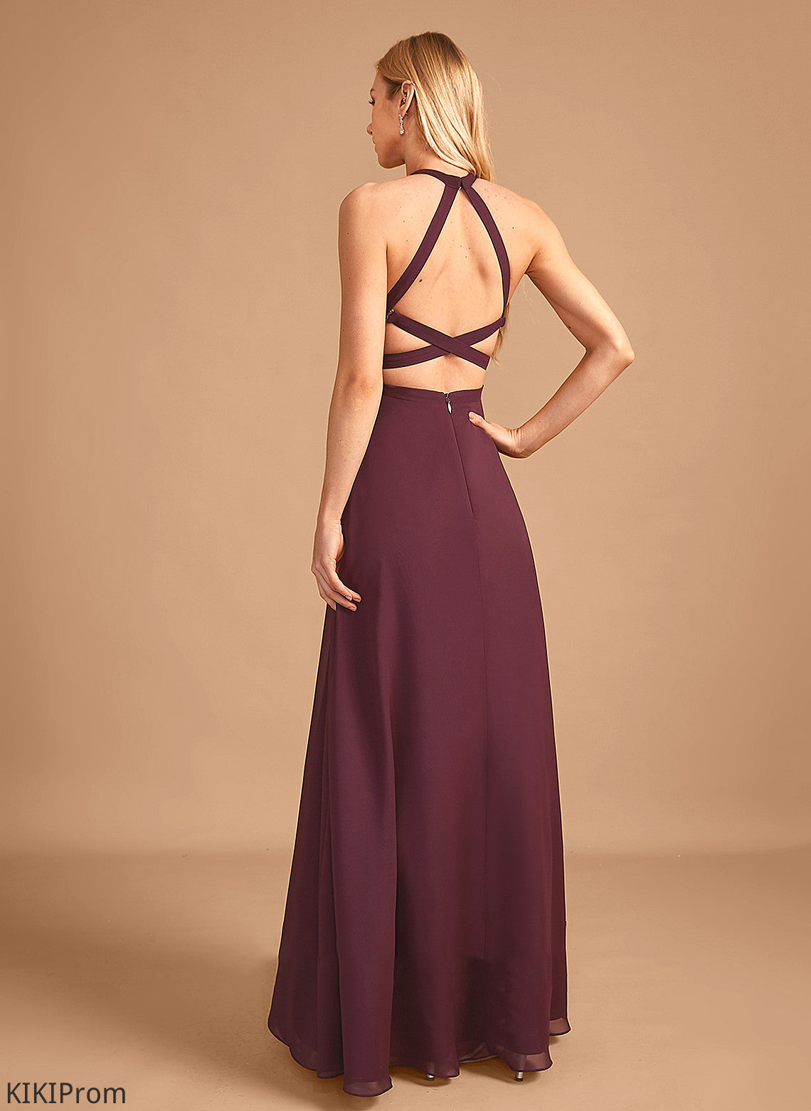 Silhouette A-Line Length Fabric Floor-Length SplitFront HighNeck Neckline Embellishment Leia Spaghetti Staps Sleeveless Bridesmaid Dresses