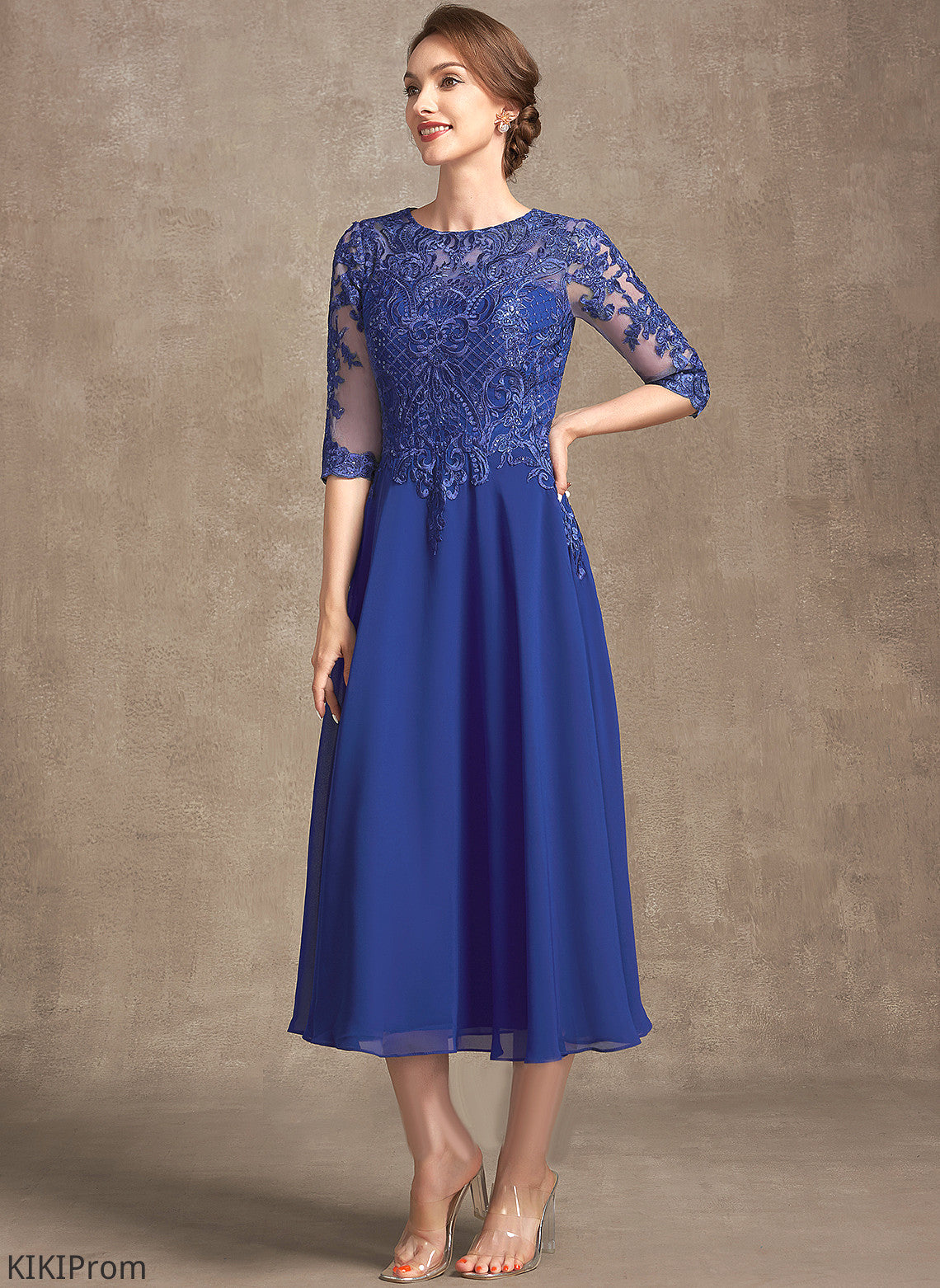 of Mother of the Bride Dresses Dress Mother Tea-Length the Neck Lace With Leyla A-Line Chiffon Bride Sequins Scoop