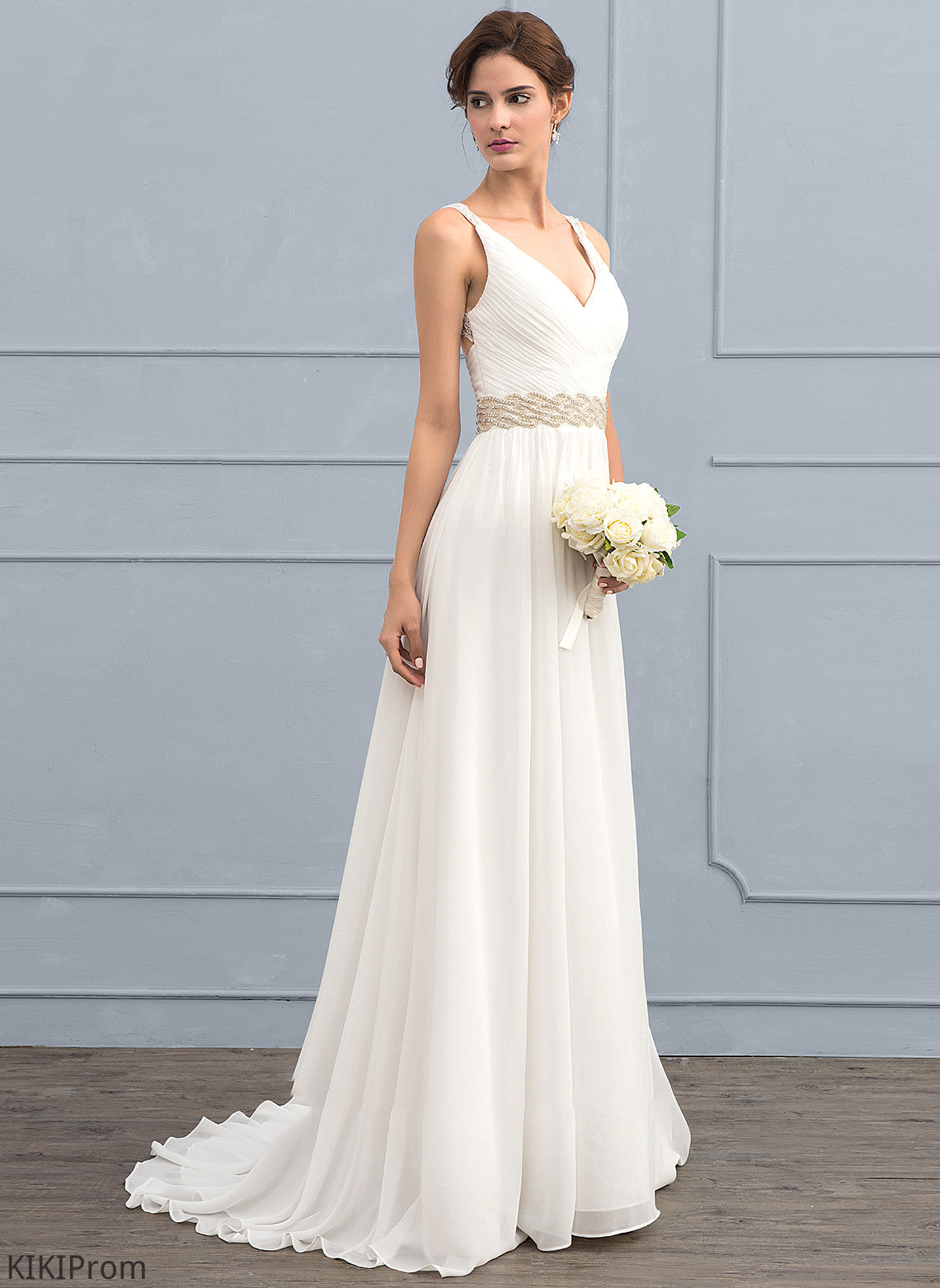 A-Line Wedding Dresses V-neck Chiffon Sequins Karen Lace Wedding Beading Dress With Ruffle Train Sweep