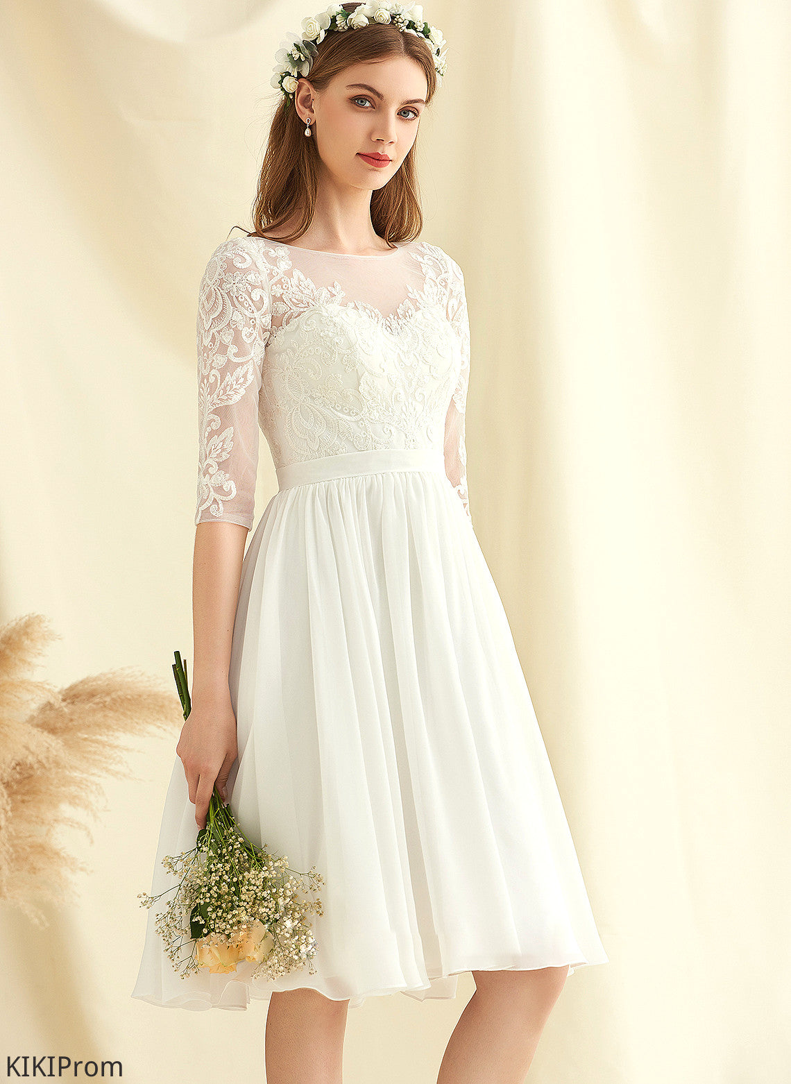 Wedding Dresses Sequins Wedding A-Line Lace With Knee-Length Chiffon Riya Dress