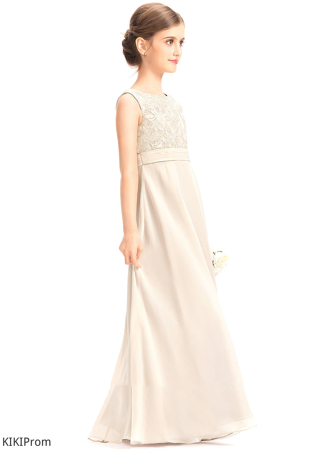 Junior Bridesmaid Dresses Lace Paisley A-Line Scoop Ruffle Neck With Chiffon Floor-Length