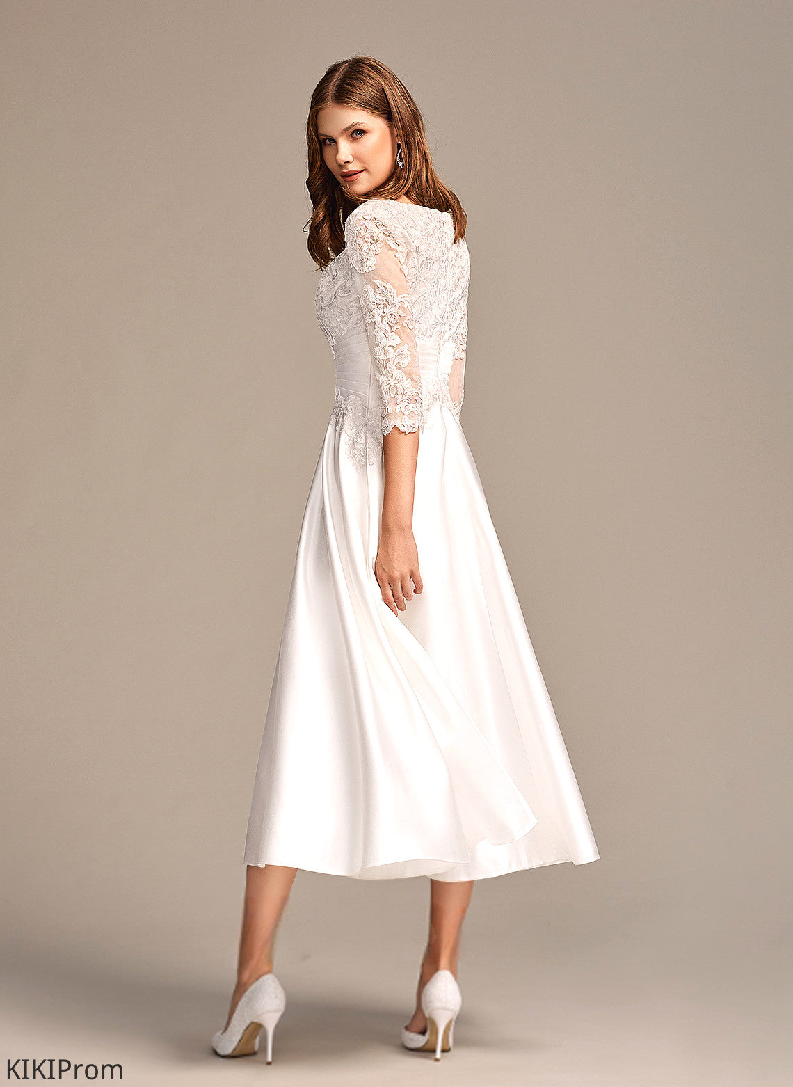Wedding Satin Wedding Dresses Scoop Tea-Length Una Lace A-Line Dress