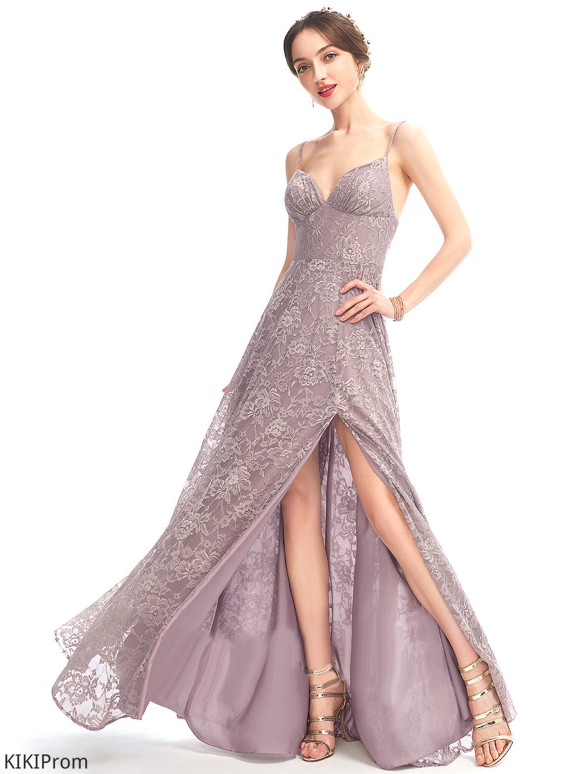 Fabric A-Line Neckline Floor-Length Length V-neck Lace Straps&Sleeves Silhouette Edith A-Line/Princess Natural Waist Bridesmaid Dresses
