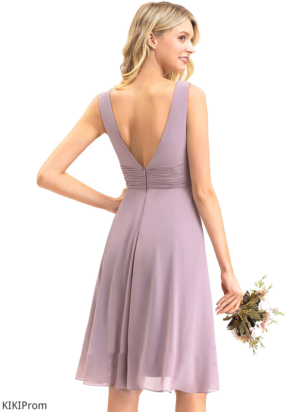 Ruffle Neckline A-Line Embellishment Fabric Silhouette V-neck Asymmetrical Length Ally Scoop Natural Waist Bridesmaid Dresses