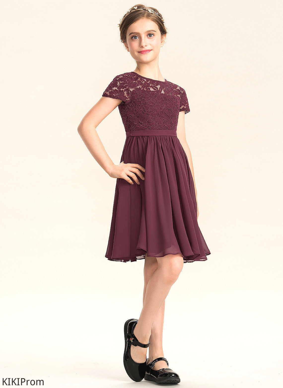 Scoop Neck Junior Bridesmaid Dresses Lace With Bow(s) Chiffon Knee-Length Gianna A-Line