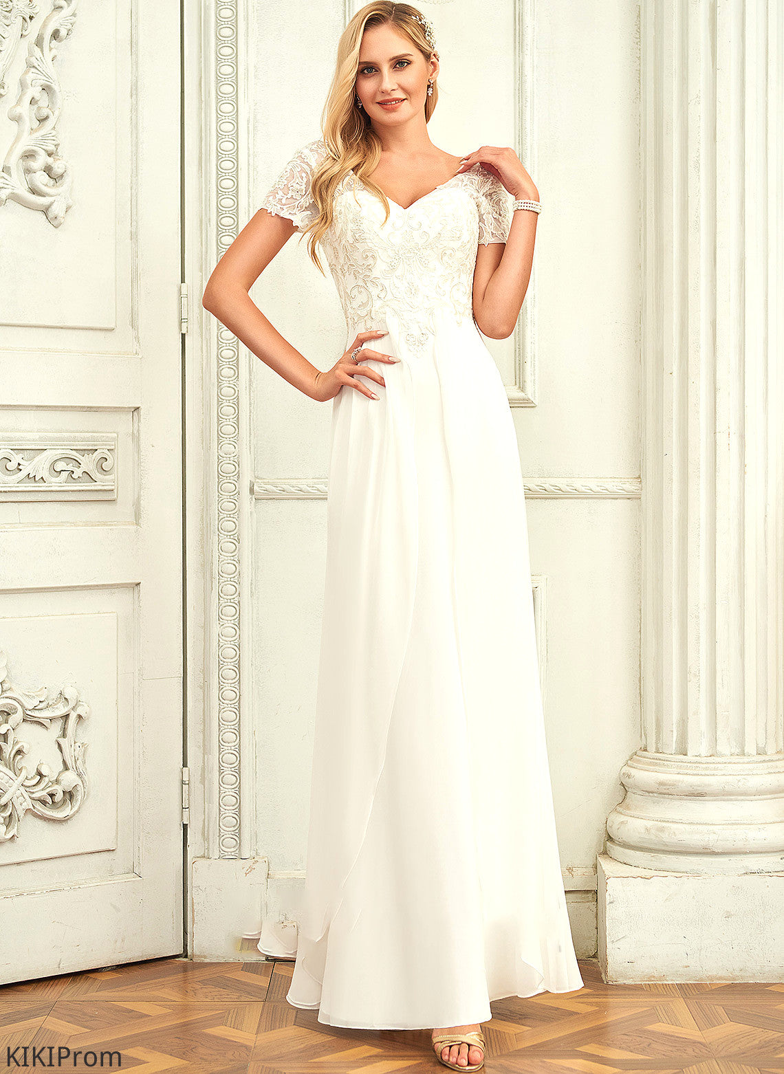 Wedding Dress With Lace A-Line Floor-Length Chiffon Erica Wedding Dresses Lace V-neck