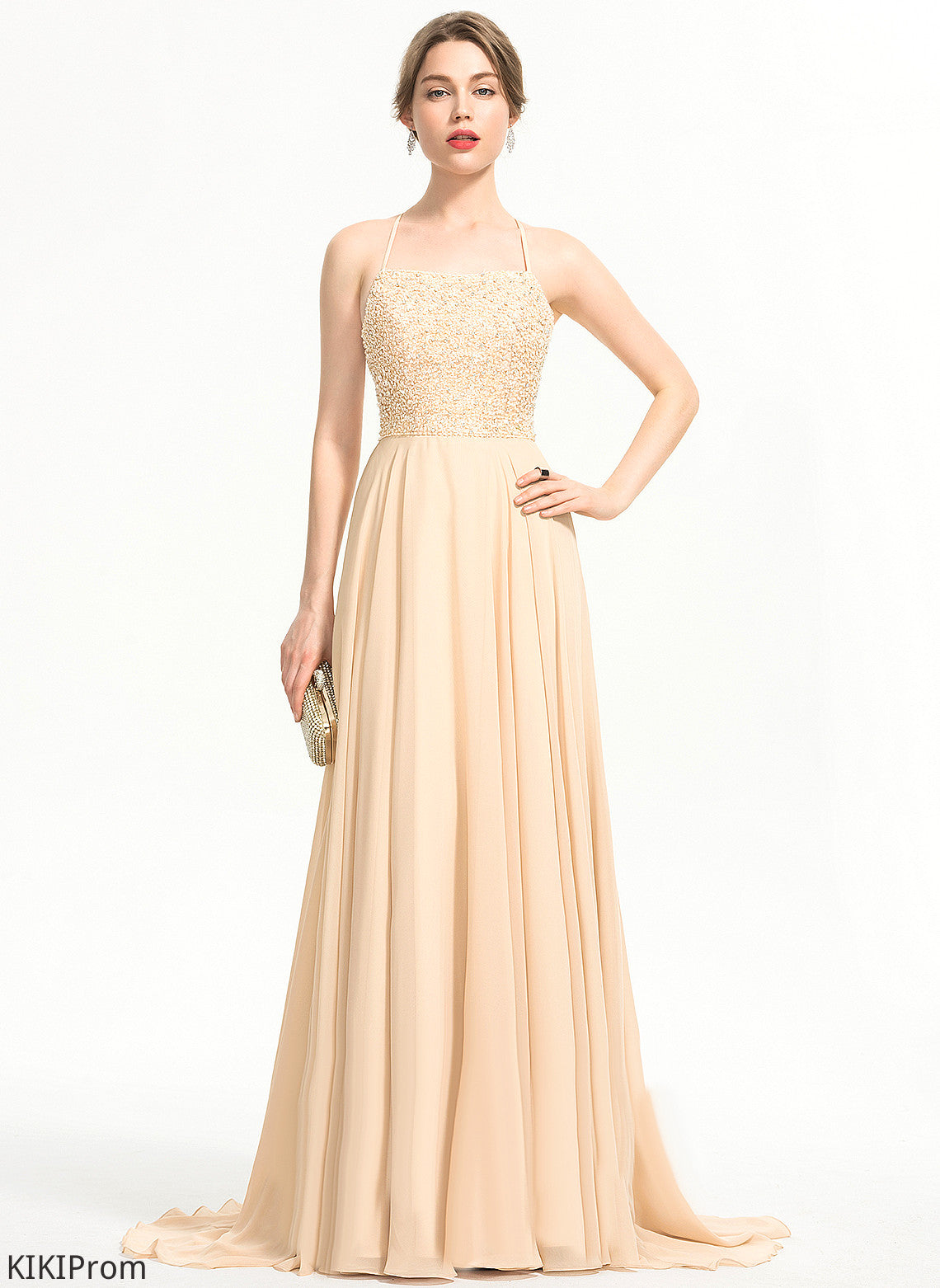 With Train Makaila A-Line Beading Square Prom Dresses Sequins Sweep Chiffon