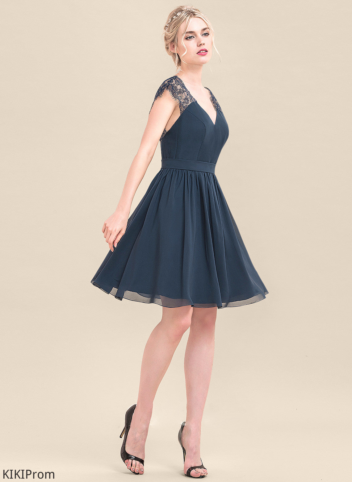 Knee-Length Straps Neckline V-neck Lace Length Silhouette Fabric A-Line Adelyn Bridesmaid Dresses