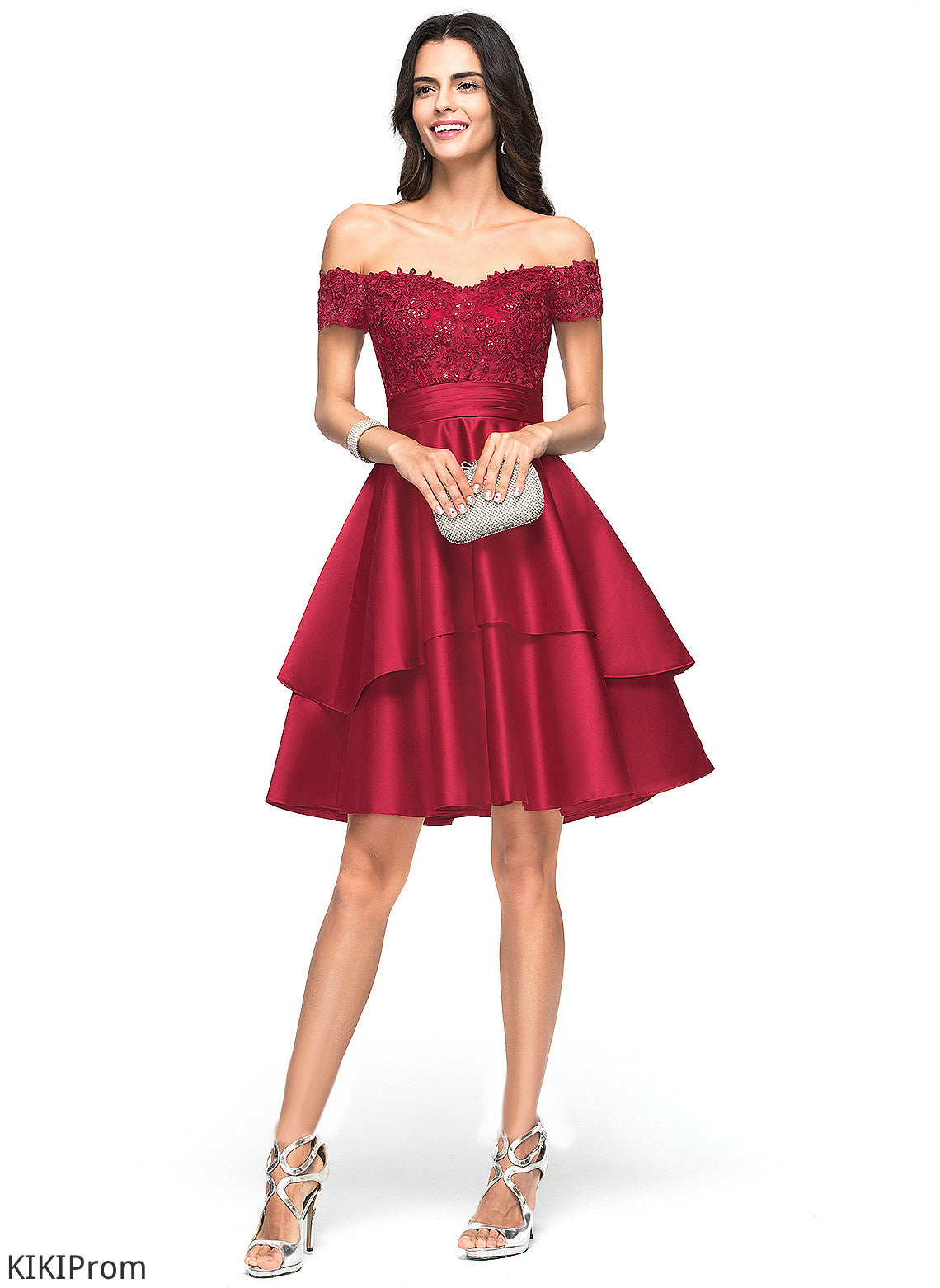 A-Line Amber Sequins Satin Homecoming With Lace Homecoming Dresses Off-the-Shoulder Knee-Length Dress