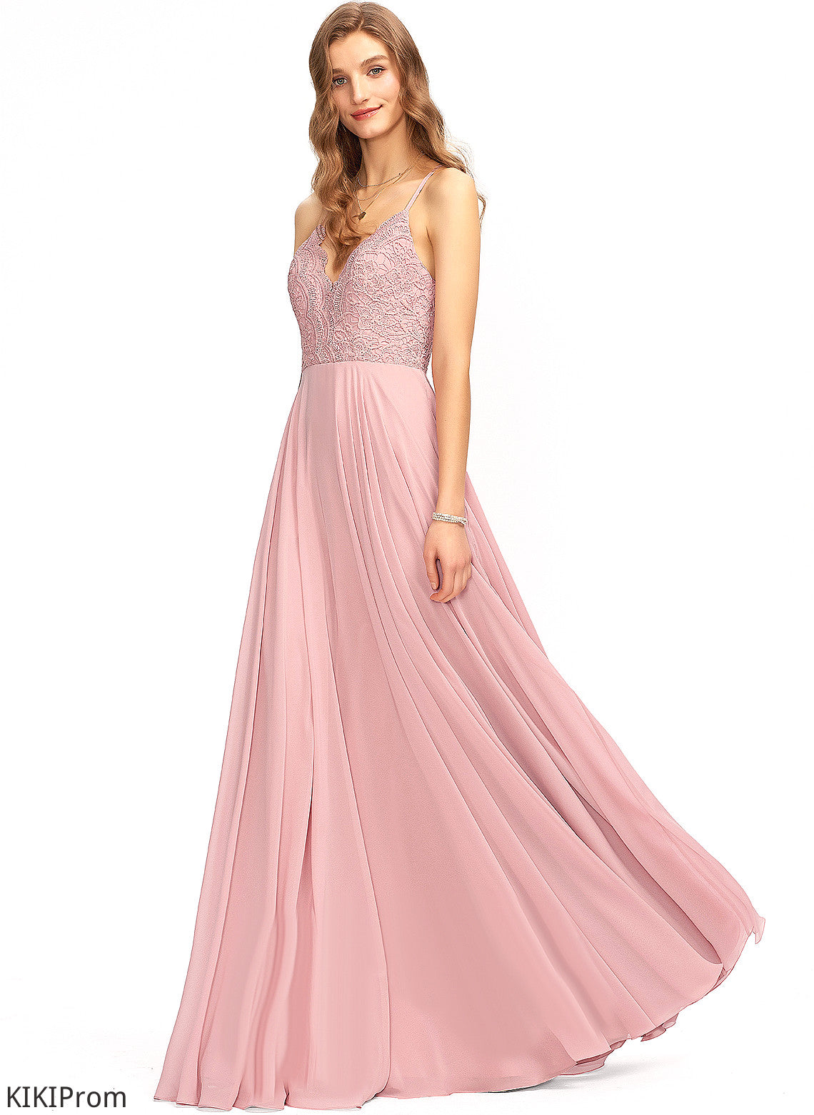Chiffon V-neck Floor-Length Prom Dresses Elle Lace A-Line
