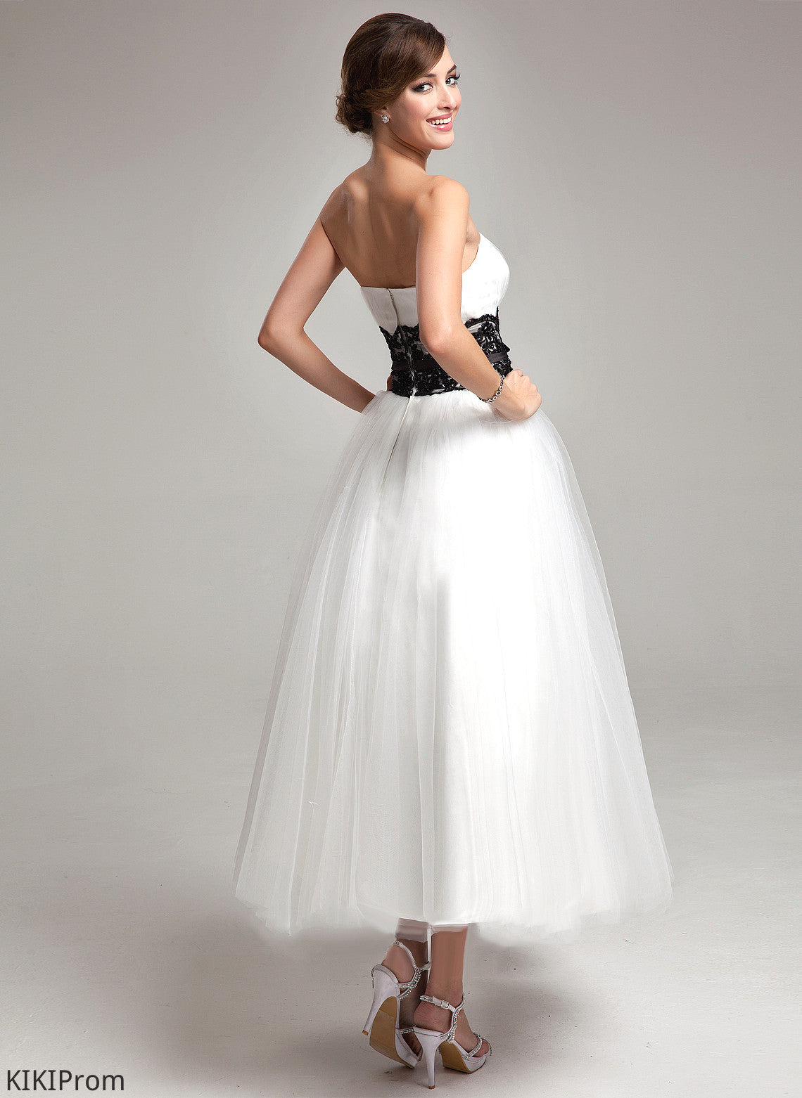 Satin Tea-Length Mina Bow(s) Dress Ball-Gown/Princess Lace Wedding Dresses With Sash Wedding Tulle Beading Strapless
