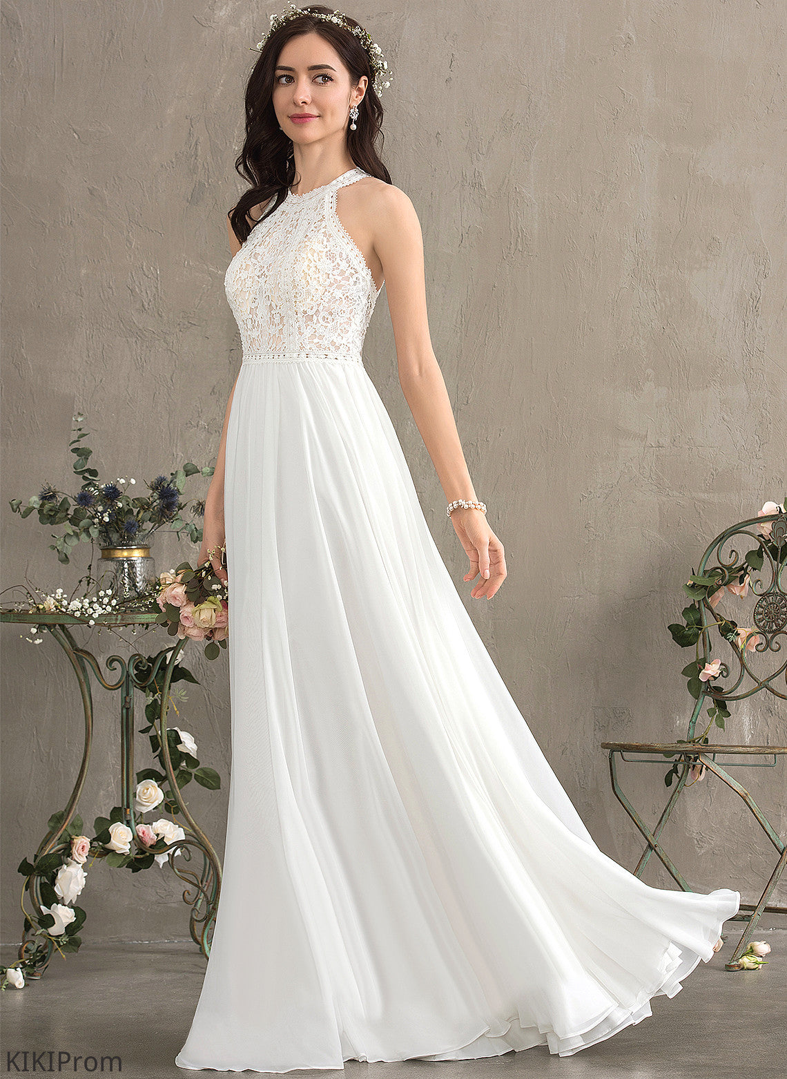 A-Line Bailey Chiffon Dress Lace Floor-Length Wedding Wedding Dresses