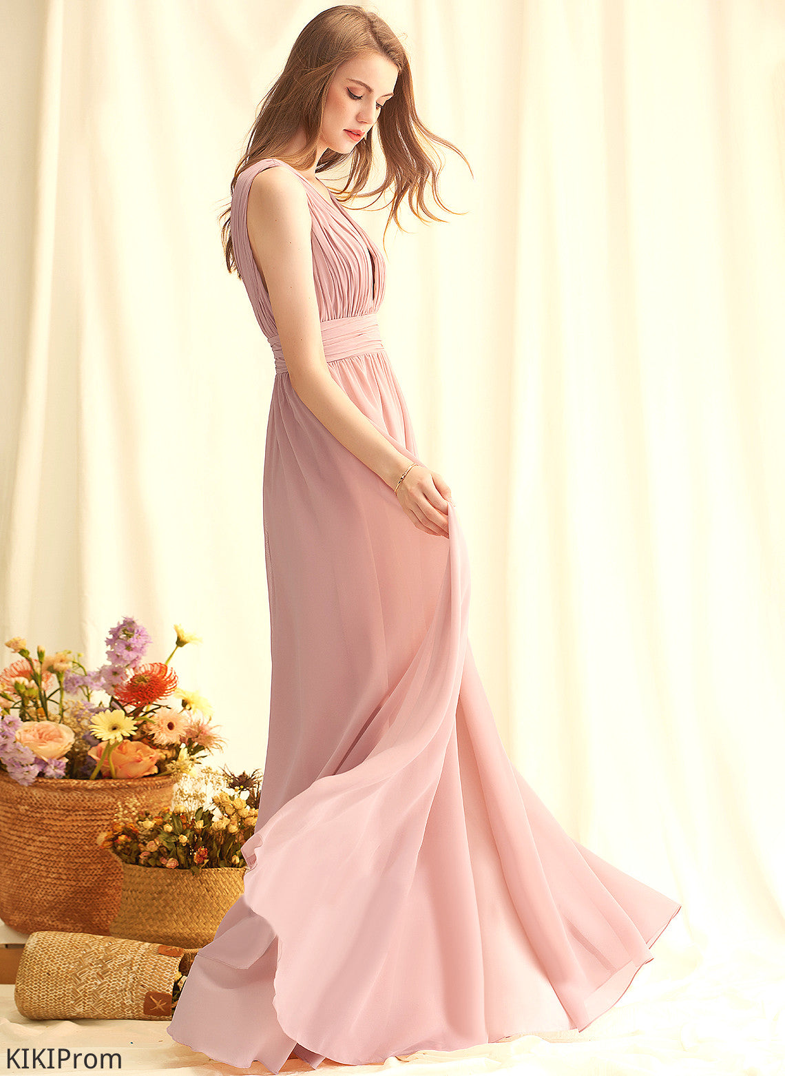 A-Line Embellishment V-neck Pleated Floor-Length Silhouette Neckline Fabric Length Whitney Natural Waist A-Line/Princess Bridesmaid Dresses