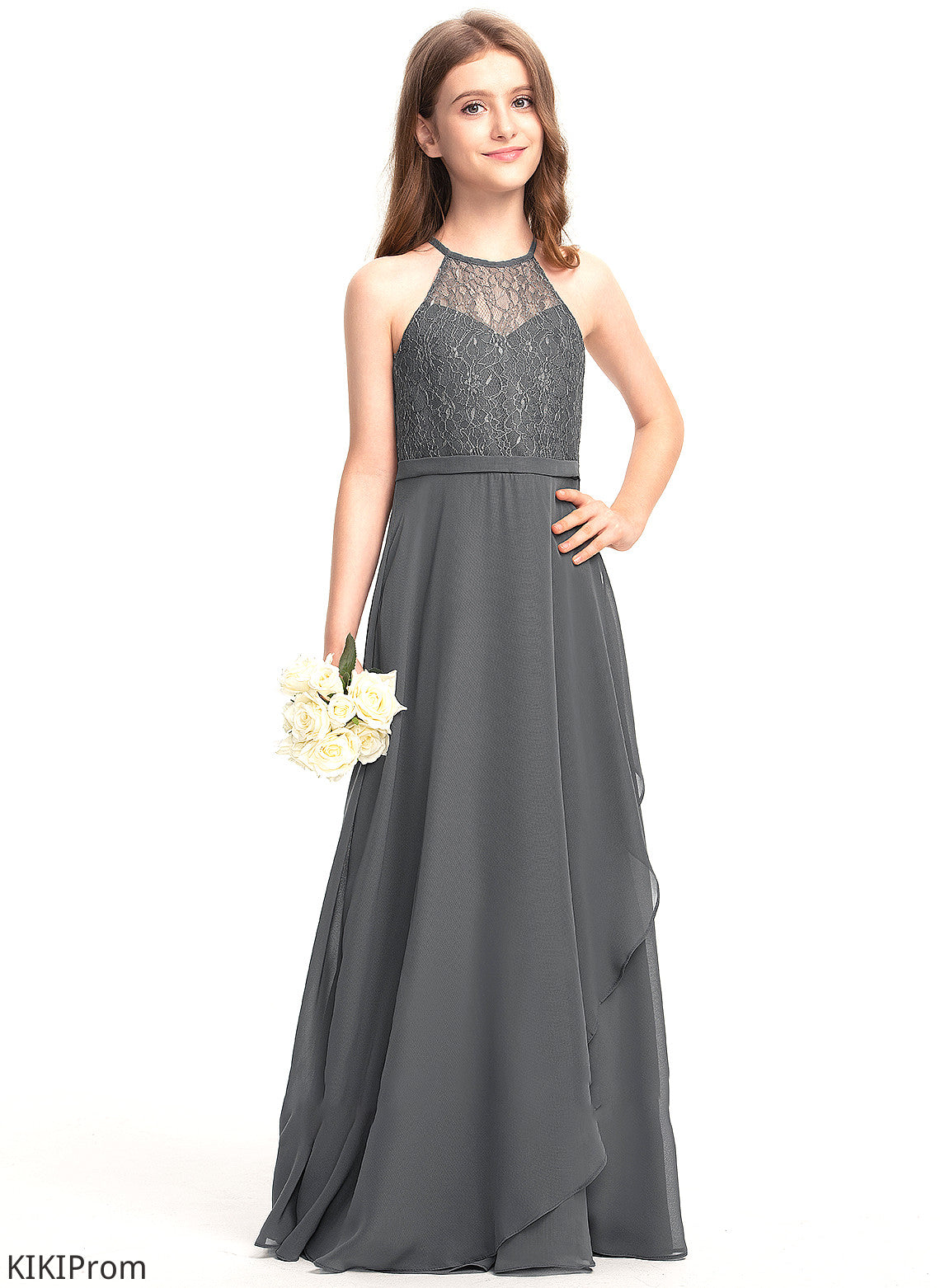Addyson With Neck Junior Bridesmaid Dresses Floor-Length Scoop A-Line Ruffles Lace Chiffon Cascading