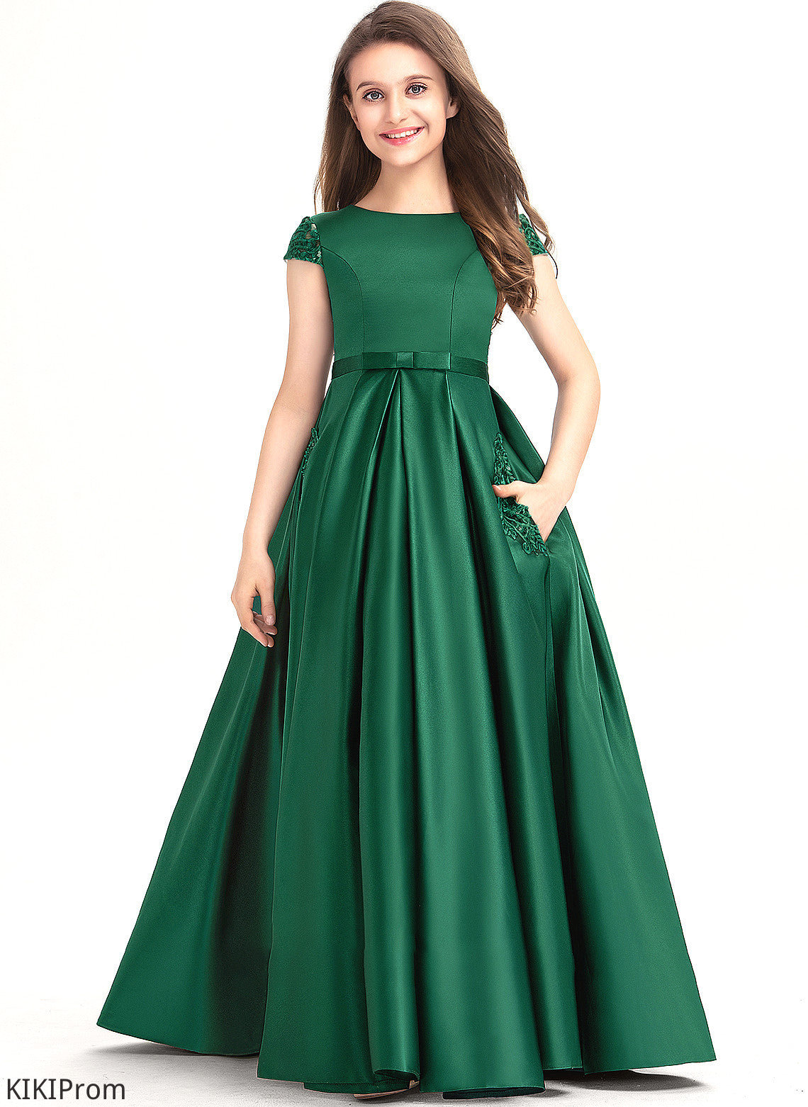 With Floor-Length Satin Ball-Gown/Princess Bow(s) Neck Scoop Pockets Junior Bridesmaid Dresses Kayla Lace