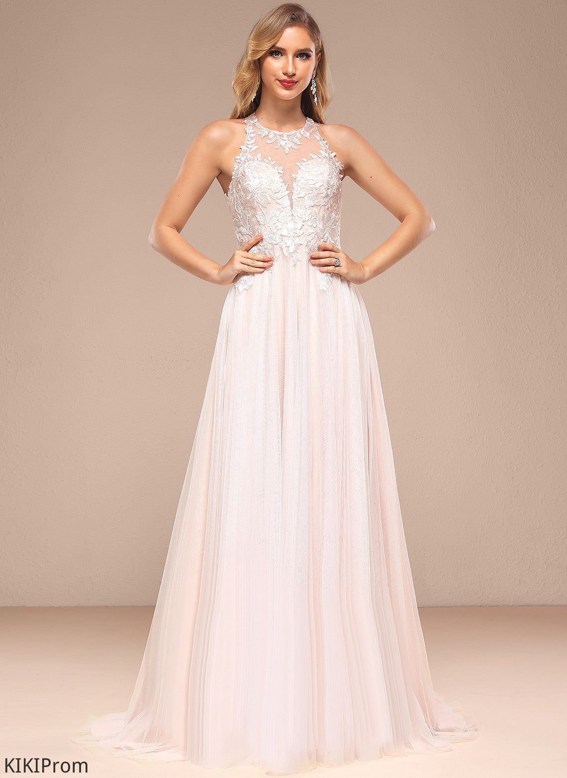Iliana Lace Dress Sequins Wedding Wedding Dresses A-Line Train Beading With Halter Sweep Tulle