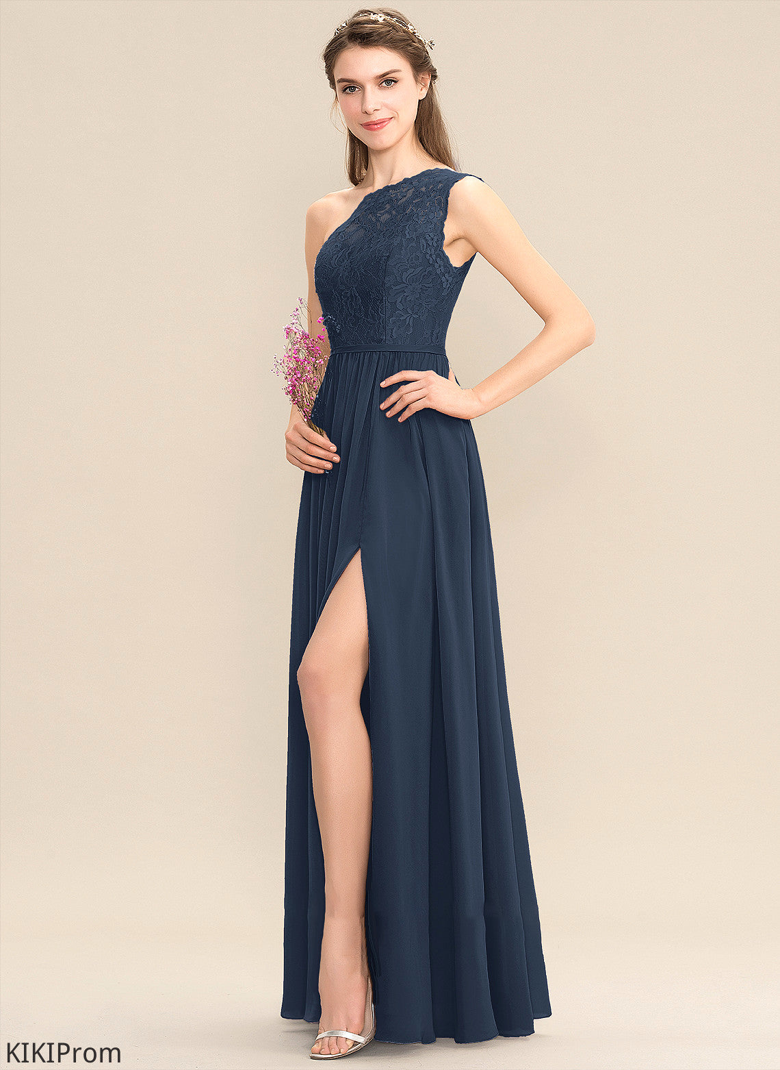 SplitFront Length Embellishment Fabric One-Shoulder Floor-Length Neckline Silhouette A-Line Aubrie V-Neck Floor Length Bridesmaid Dresses